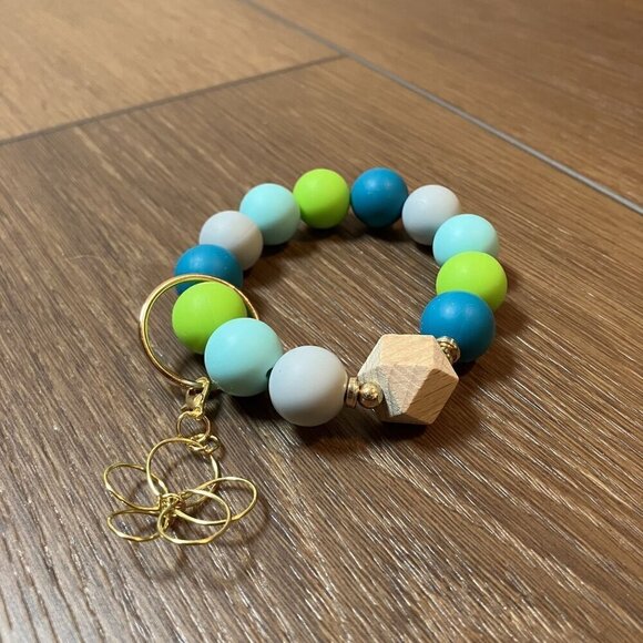 Stocking Stuffer Handmade Green/Teal Silicone Bead Keychain Flower Charm - Picture 2 of 6